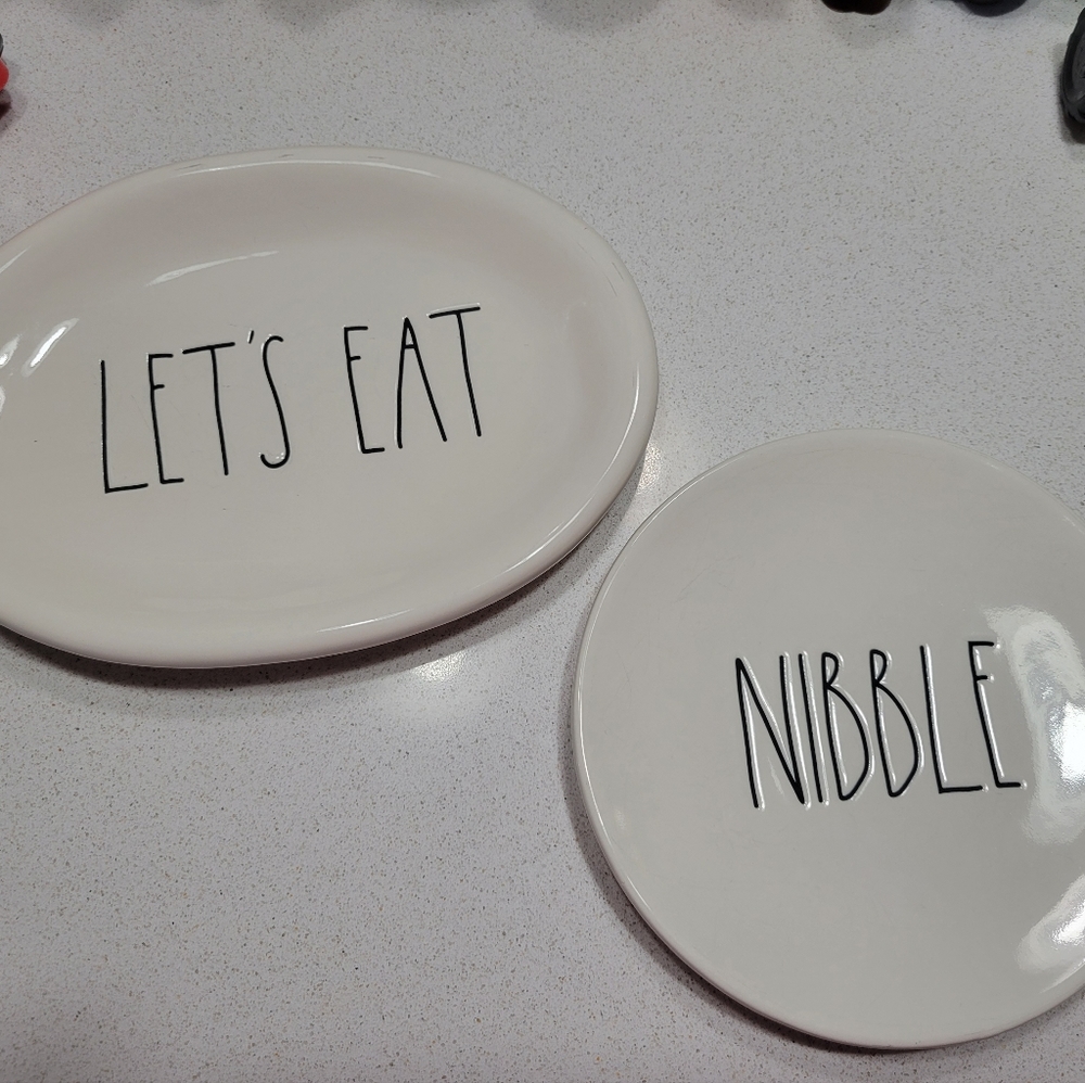 Set of 2 Rae Dunn Appetizer Plates NIBBLE and LET'S EAT Ceramic Snack Plate